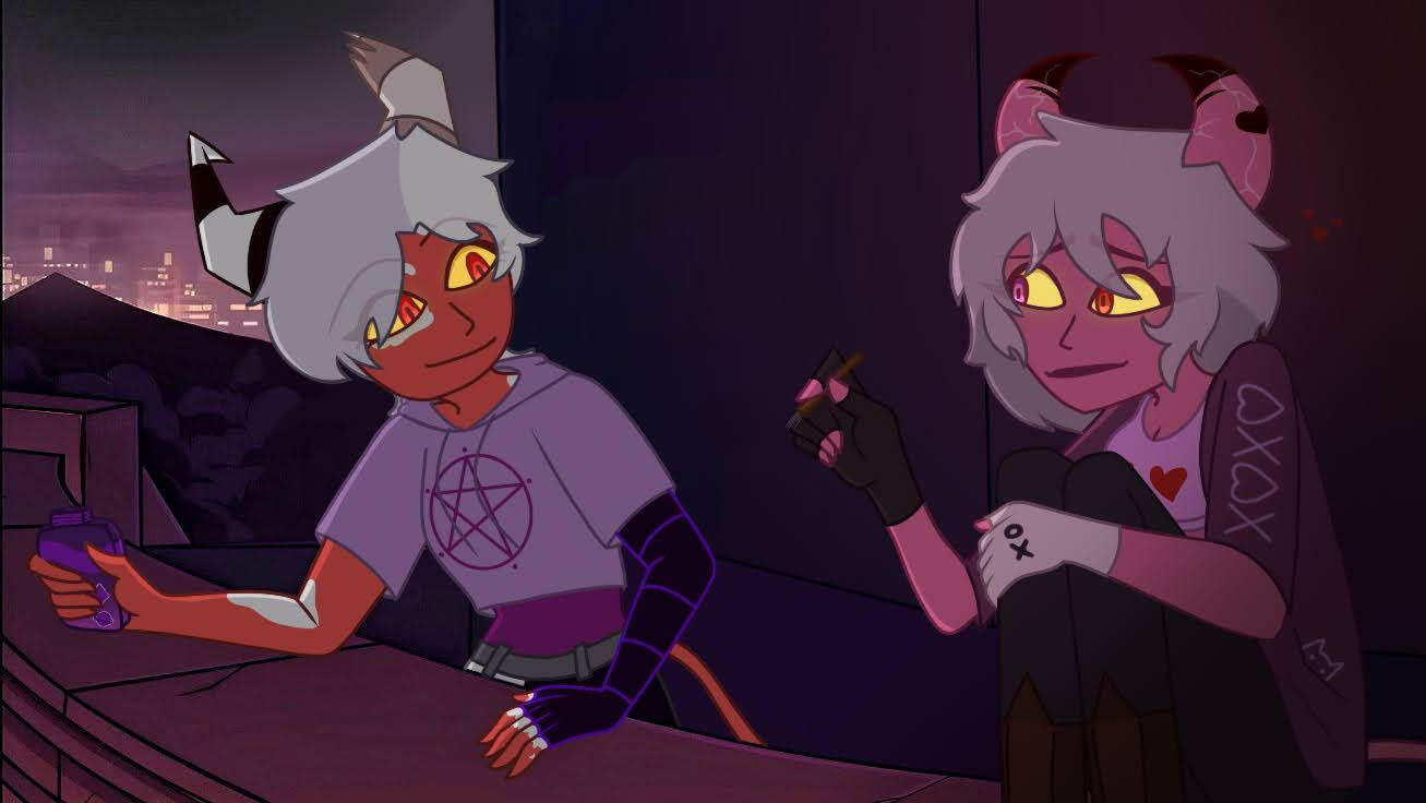 Two OC's replacing Loona and Octavia on the rooftop during Seeing Stars from Helluva Boss