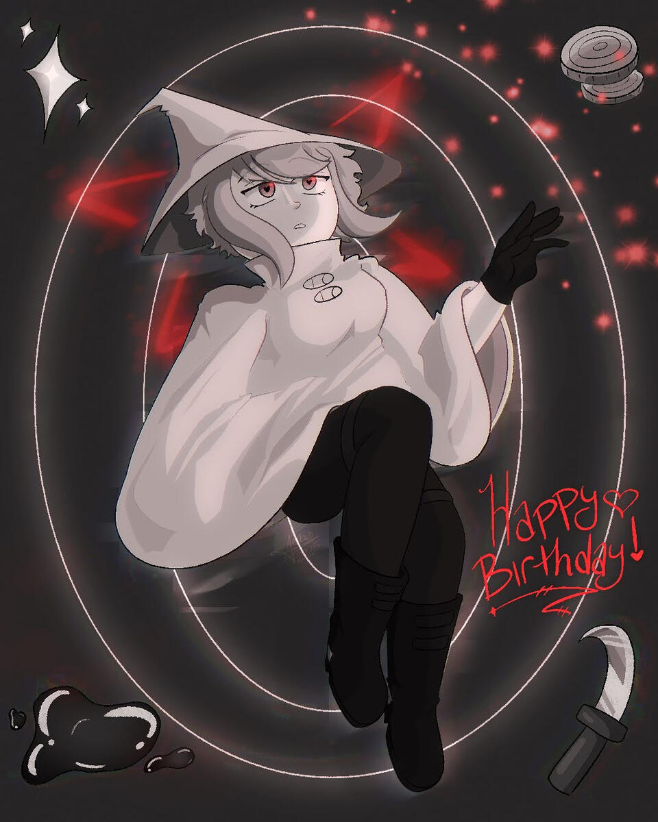 My friend dressed as Siffrin on a grey background with the Change symbol and red accents.