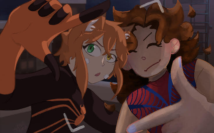 Mine and my friend's Spidersonas [2025] (I drew the left OC and the background—two artists one reference trend)