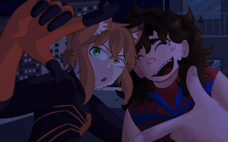 Mine and my friend's Spidersonas [2026] (I drew the left OC and the background—two artists one reference trend)
